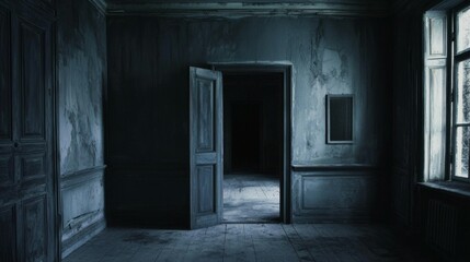Fototapeta premium Abandoned Room with Open Door, Dark Atmosphere and Shadows