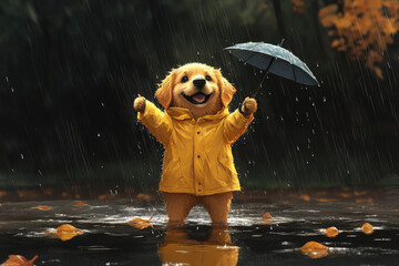 Hund mit Regenschirm und Regenmantel steht in einer Pfütze während es regnet