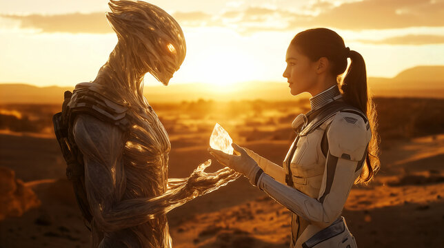 A female astronaut in a futuristic space suit exchanging a glowing crystal with an advanced alien being at sunset in a vast desert, symbolizing interstellar diplomacy and first contact