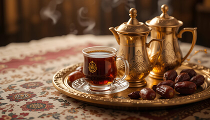 Fototapeta premium Traditional Arabic Tea with Dates on Ornamental Tray – Middle Eastern Hospitality