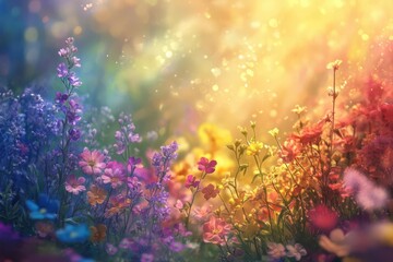 Fototapeta premium enchanted wildflower meadow at golden hour, rainbow spectrum of blooms swaying in breeze, ethereal sunbeams creating magical bokeh effect