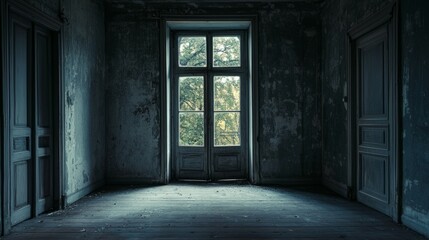 Fototapeta premium Abandoned Room with Windows Showing Nature Outside at Twilight