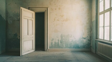 Abandoned Room with Open Door and Peeling Paint on Wall