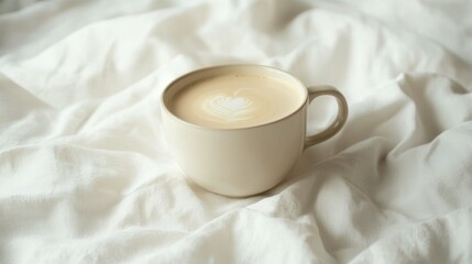 Cozy Coffee Cup on Soft White Fabric with Delicate Latte Art Design