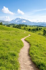 Scenic Hiking Trail Through Lush Meadow To Mountain Summits Path Trail