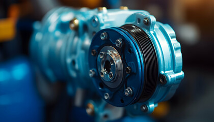 Fototapeta premium Automotive AC compressor, a detailed view of a blue, industrial-grade component with pulley