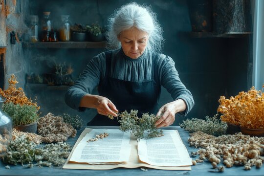 The Ancient Wisdom of Herbs: An elderly woman with silver hair, dressed in a simple apron, carefully examines a collection of dried herbs laid out upon a weathered book.