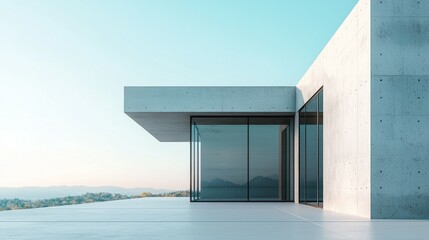 Modern Minimalist Architecture with Mountain View and Clear Sky