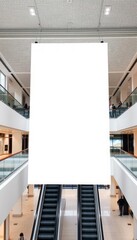 Blank white banner hanging in a modern shopping mall.  Ideal for advertising mockups, retail spaces, and design elements. Escalators and shops in background.