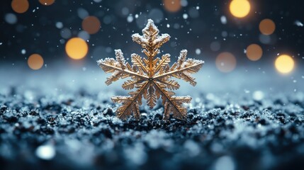 Golden snowflake in snowy winter scene with bokeh lights.