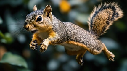 Obraz premium A squirrel in mid-air leap, showcasing its fur texture and sharp claws.