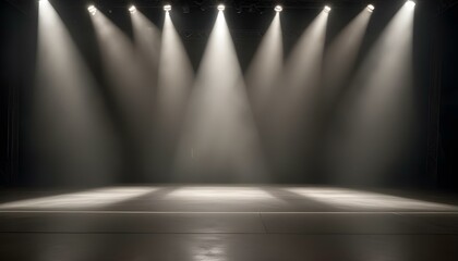 Un escenario tenuemente iluminado con piso de concreto, iluminado por focos brillantes desde arriba. El fondo está lleno de una neblina de humo