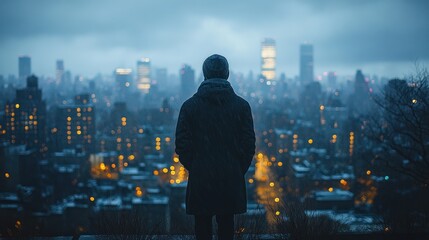 Person in coat overlooking a city at night.