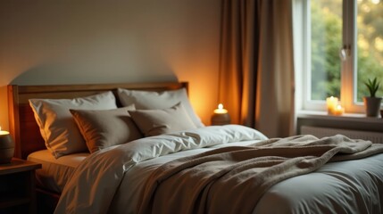 Warm Evening Glow in a Cozy Bedroom Sanctuary with Soft Textiles and Ambient Lighting