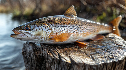 Obraz premium Brown trout caught, displayed on riverbank stump, blurred background