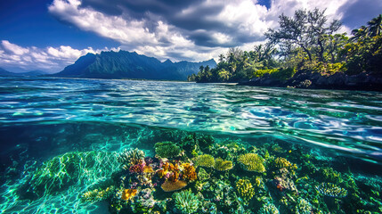 Obraz premium Vibrant coral reef beneath crystal-clear waters with mountains and lush trees in the background
