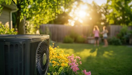 Summer Backyard Oasis: Heat Pump and Golden Hour Glow