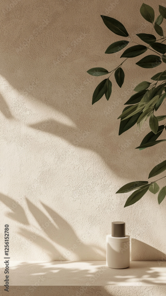 Poster soft shadows dance across the textured surface, highlighting a simple bottle resting beside delicate