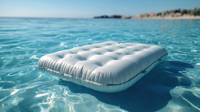 Inflatable raft floating on tranquil blue ocean water by rocky coast for summer relaxation