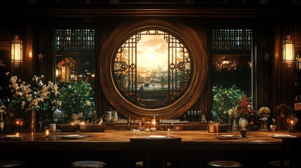 Obraz premium Sunset view from a circular window in a dimly lit, elegant bar with wooden furnishings and Asian-inspired decor.