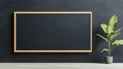 Minimalist Black Chalkboard with Wooden Frame and Potted Plant