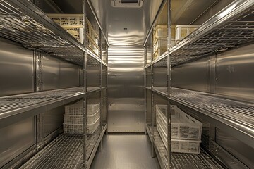 Fototapeta premium Stainless Steel Walk-in Cooler Interior: Rows of empty stainless steel shelving units fill a clean and organized walk-in cooler, ready for food storage. The industrial design is bright and spotless.