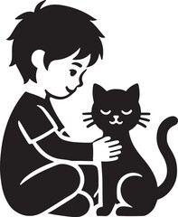 A boy with a cat icon silhouette vector with white background