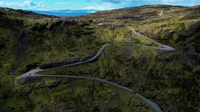Bealach na Ba drone footage. Cars on the Applecross Pass.