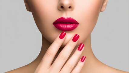 Fototapeta premium Women's lips with bright red lipstick and perfect makeup. Sensual image.