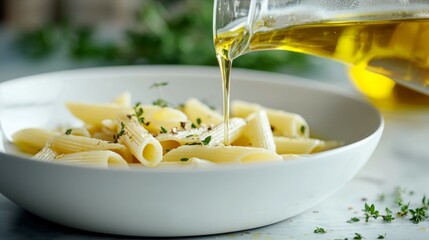 Fresh Pasta with Olive Oil and Herbs on a Light Marble Surface
