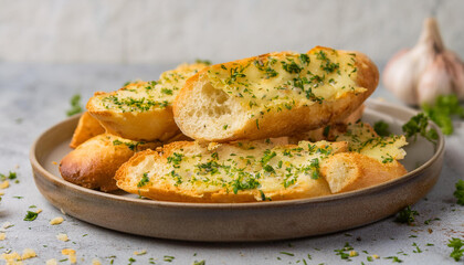 Cheesy garlic baguette on ceramic plate. Tasty food. Appetizing snack. Cooking and culinary concept