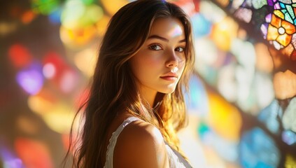 Fototapeta premium Radiant Beauty: A Portrait of a Young Woman Bathed in Stained Glass Light
