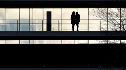 Two silhouetted women stand on a modern building's balcony, conversing at sunset.