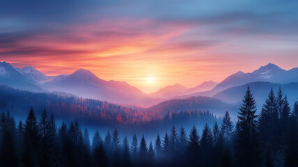 Obraz premium Breathtaking sunset over misty mountains and forest landscape