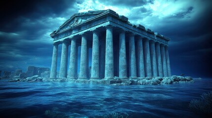 Obraz premium Submerged ancient Greek temple ruins at night, partially underwater with stormy sky.