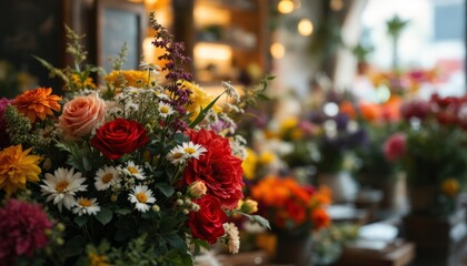 An elegant mix of fresh flowers in a bouquet, vibrant colors featuring roses, sunflowers, and daisies, creates a warm and welcoming atmosphere.