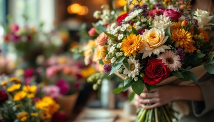 Obraz premium An elegant mix of fresh flowers in a bouquet, vibrant colors featuring roses, sunflowers, and daisies, creates a warm and welcoming atmosphere.