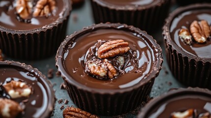 Close-up of rich dark chocolate pecan cups, glossy surface, nuts visible.