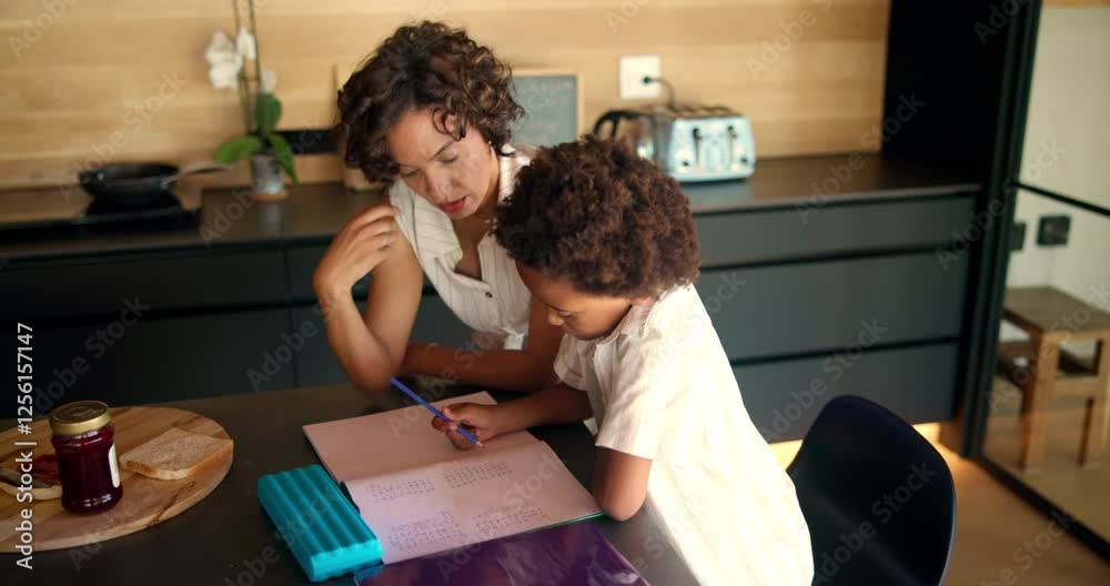 Poster homework, help and mom with child with notebook in home for lesson, learning and teaching. family, e
