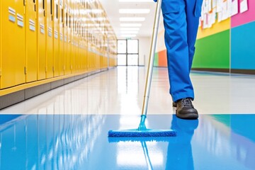 Janitorial staff member performs precise mopping in vibrant school hallway with lockers and bulletin boards