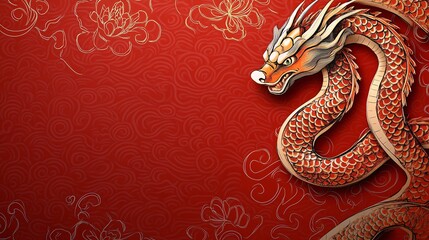 Obraz premium A fierce red dragon illustration against a vibrant red floral background, symbolizing strength and prosperity.