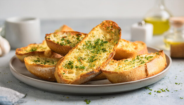 Cheesy garlic baguette on ceramic plate. Tasty food. Appetizing snack. Cooking and culinary concept