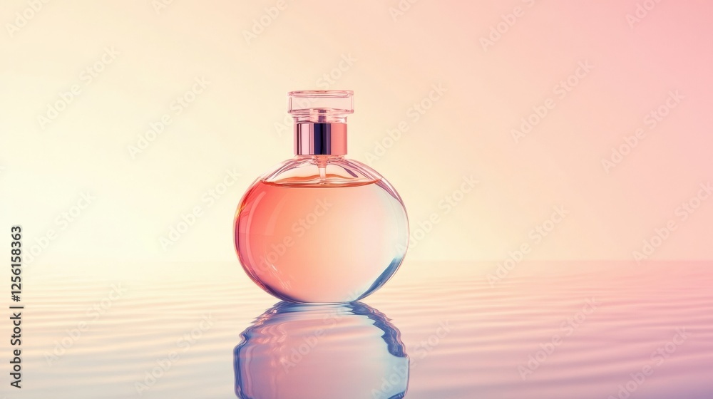 Poster elegant cosmetic bottle on reflective surface with soft pastel background for brand promotion and ad