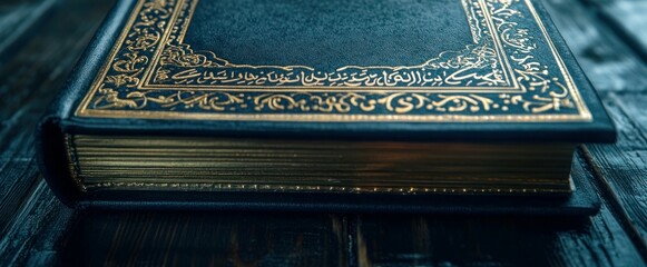 Fototapeta premium Close-up of an ornate, dark-blue book with gold leaf lettering and detailing on a wooden surface.
