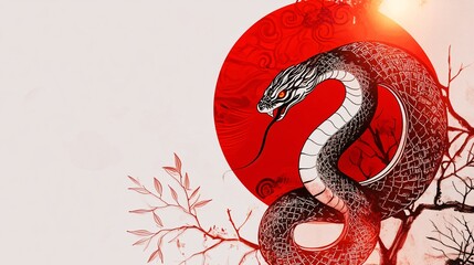 Naklejka premium Illustration of an intricate serpent coiled around a red sun, embodying strength and mystique.
