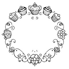 Cupcake frame with cupcakes, flowers, and swirls; a monochrome vector illustration, perfect for a sweet food-themed design.