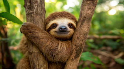 Fototapeta premium Happy sloth, A cheerful sloth hangs from a tree branch, smiling, in a high-fidelity image showcasing playful wildlife.