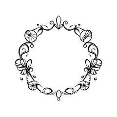 Black and White Art Nouveau Circular Frame Featuring Organic Floral and Ornamental Details.