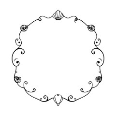 A Black and white illustration of a seashell frame. Decorative with scrolls and shells, clean, modern, and minimalistic.