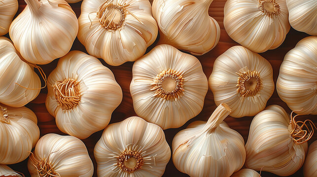 overhead view pile garlic pale white skin large clove shape intricate arrangement